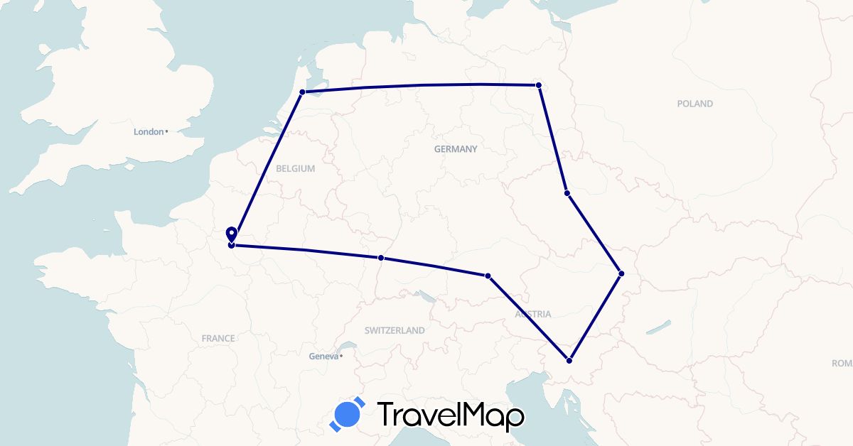 TravelMap itinerary: driving in Austria, Czech Republic, Germany, France, Netherlands, Slovenia (Europe)